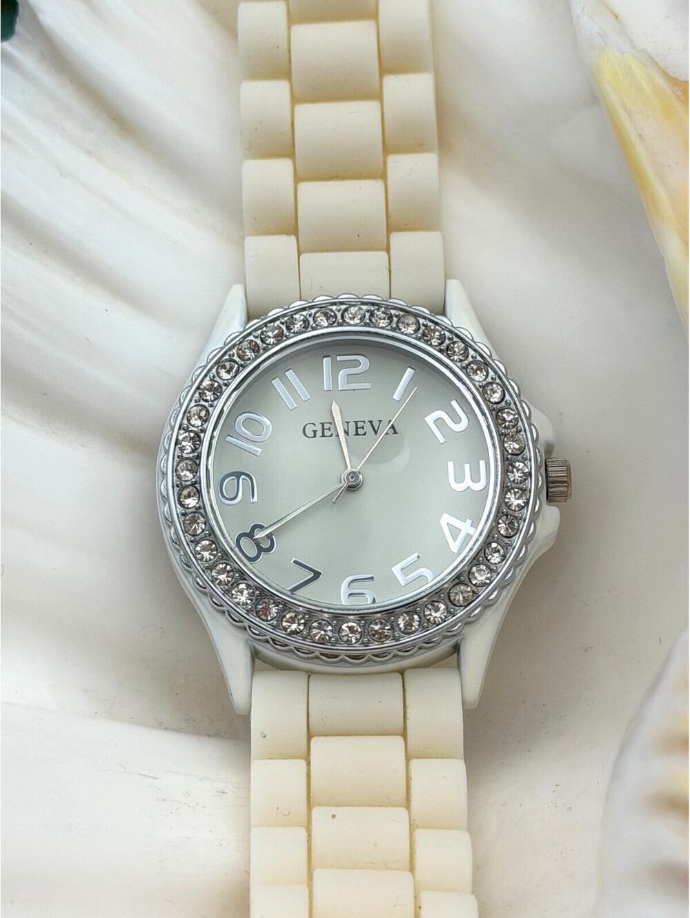 Vintage Geneva White Silicone & Rhinestone-Bezel Quartz Women's Watch
